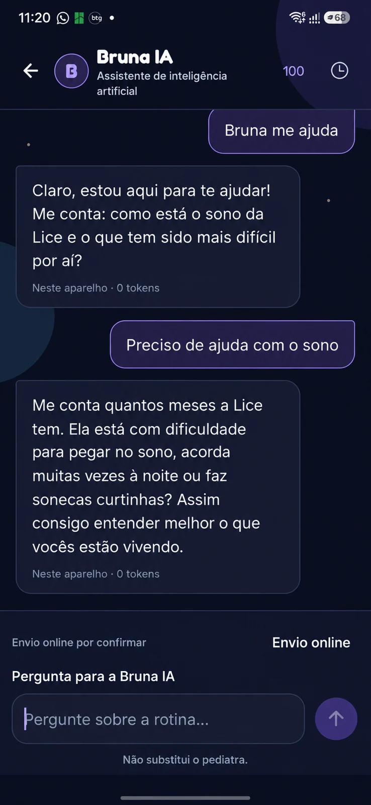 Tela da Bruna IA no Baby Sleep Routine com conversa sobre o sono do bebê