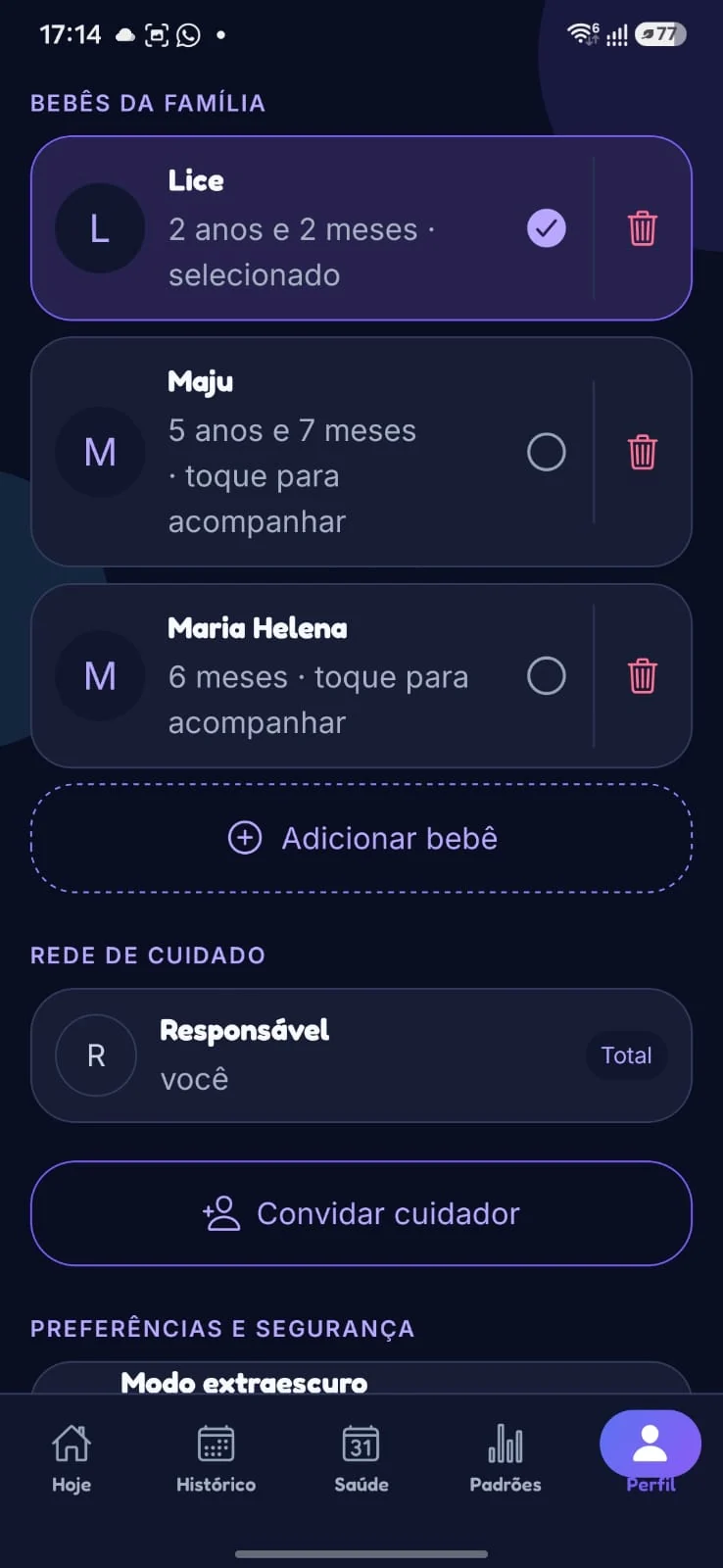 Perfil do Baby Sleep Routine com bebês da família, rede de cuidado e preferências de segurança