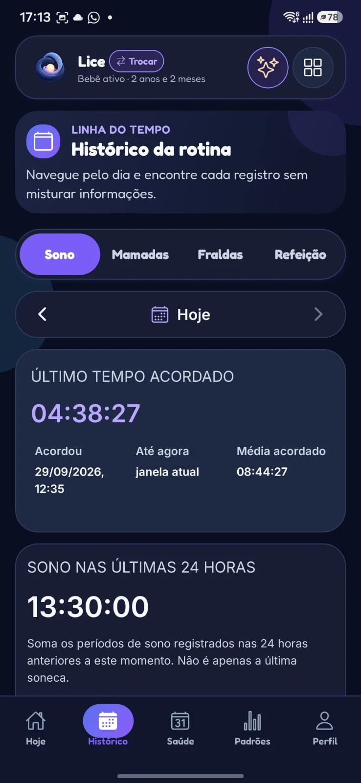 Tela Histórico do Baby Sleep Routine com registros de sono organizados por dia