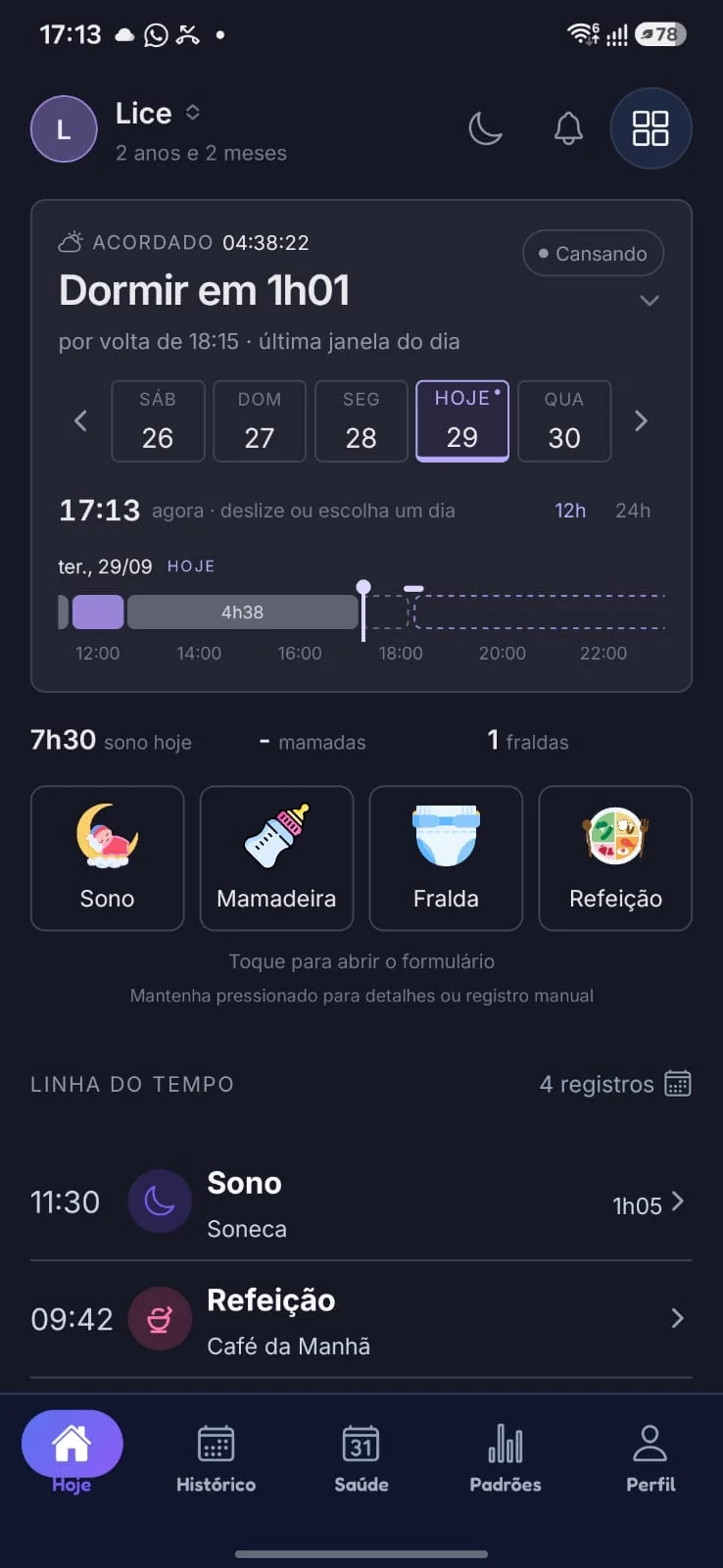 Tela Hoje do Baby Sleep Routine com resumo dos cuidados e linha do tempo