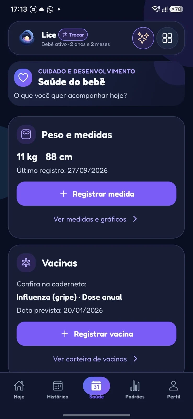 Tela Saúde do Baby Sleep Routine com peso, medidas e vacinas