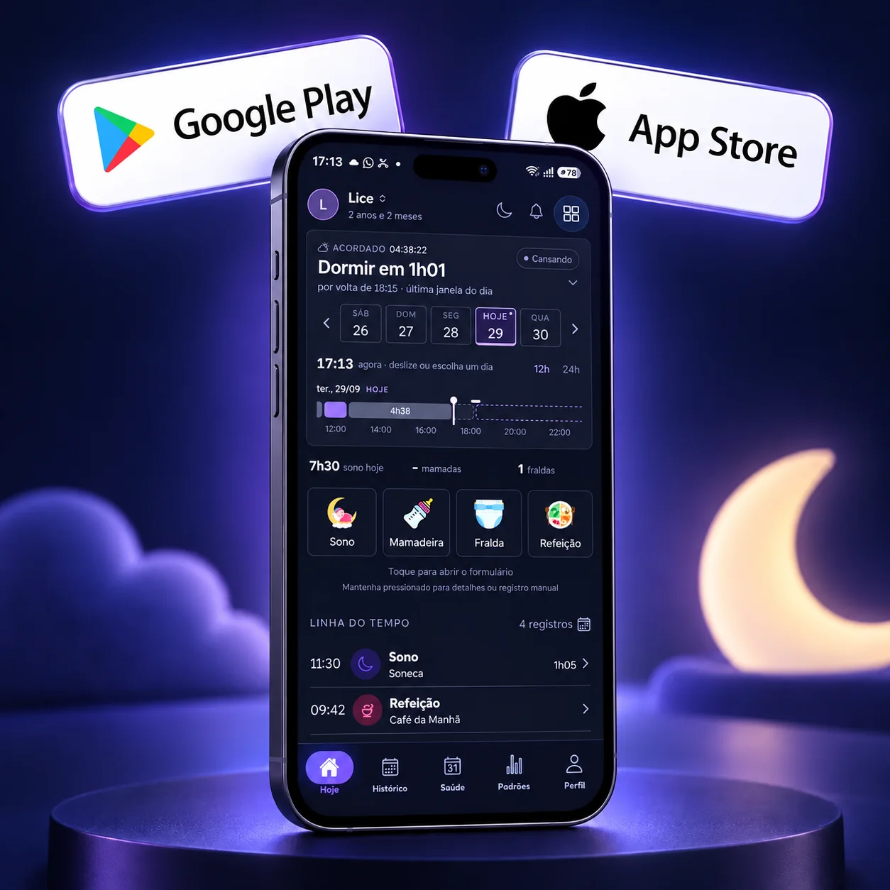 Celular com a tela Hoje atual do Baby Sleep Routine, com Google Play e App Store ao fundo
