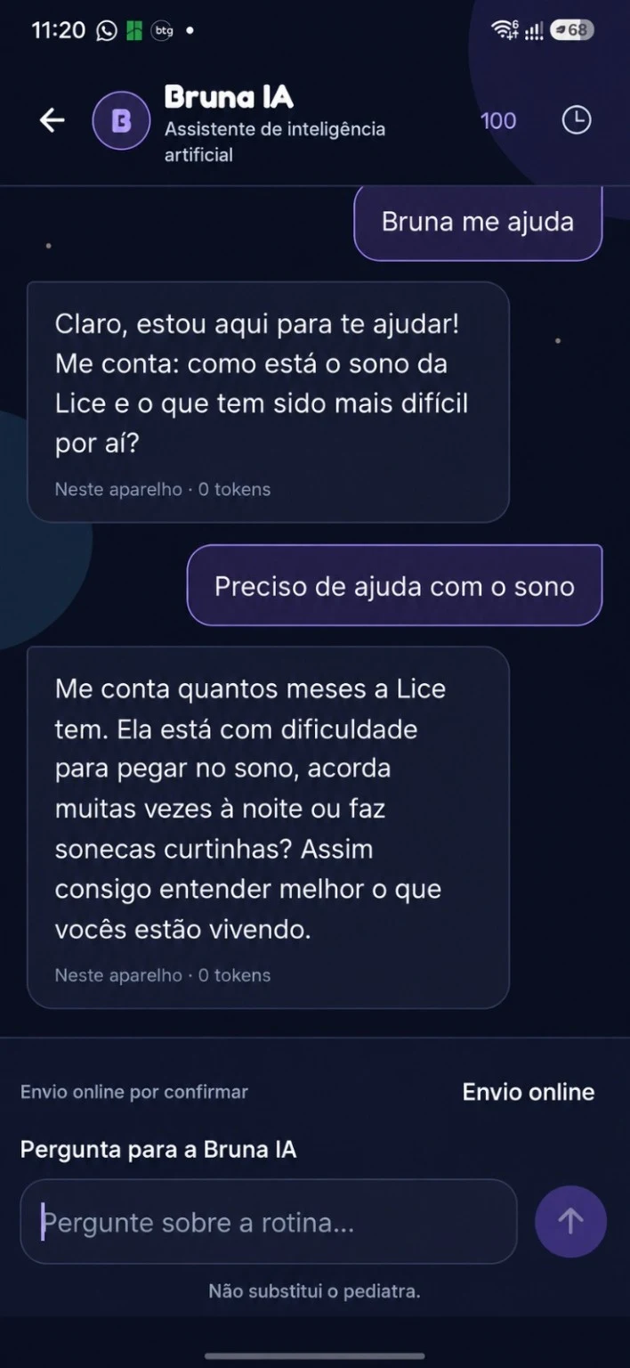 Tela de conversa da Bruna IA no aplicativo Baby Sleep Routine